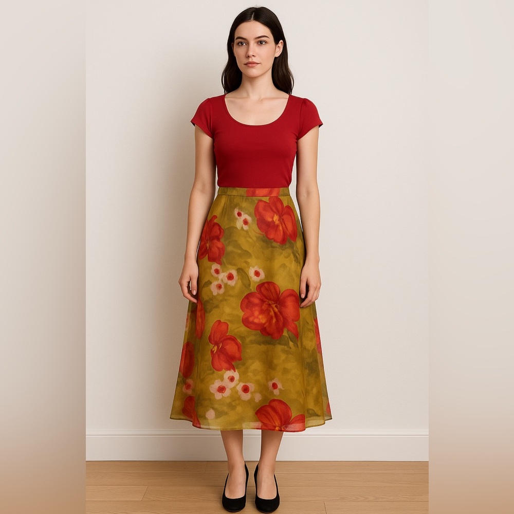 90s Vintage Floral A-Line Skirt – Olive & Red, Fits Medium